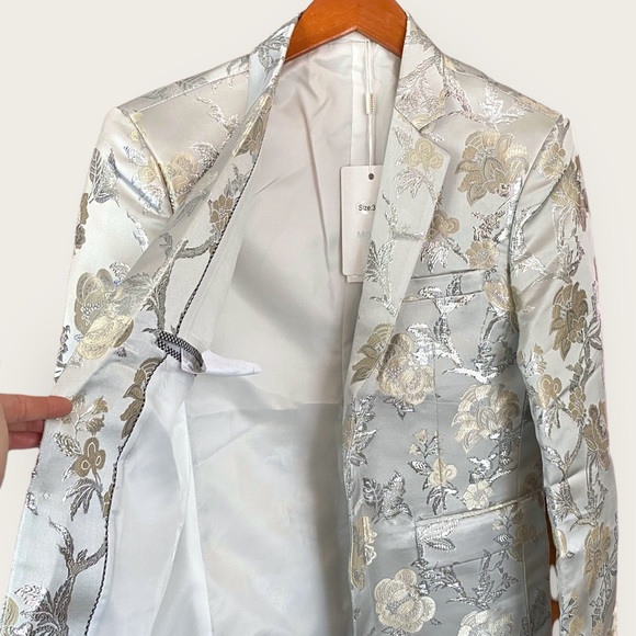 MOGU Mens Metallic Jacquard Blazer Slim Fit Elegant Tuxedo Suit Jacket - Picture 5 of 10